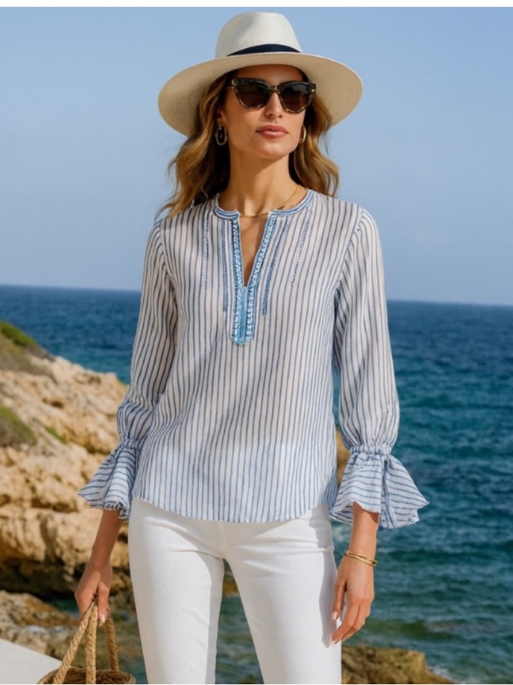 NWOT Kobi Halperin Blue & White Striped Peasant Tunic